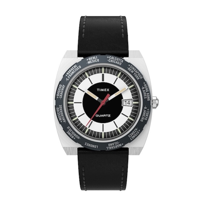 The Timex 1972 World Time from different angles in black
