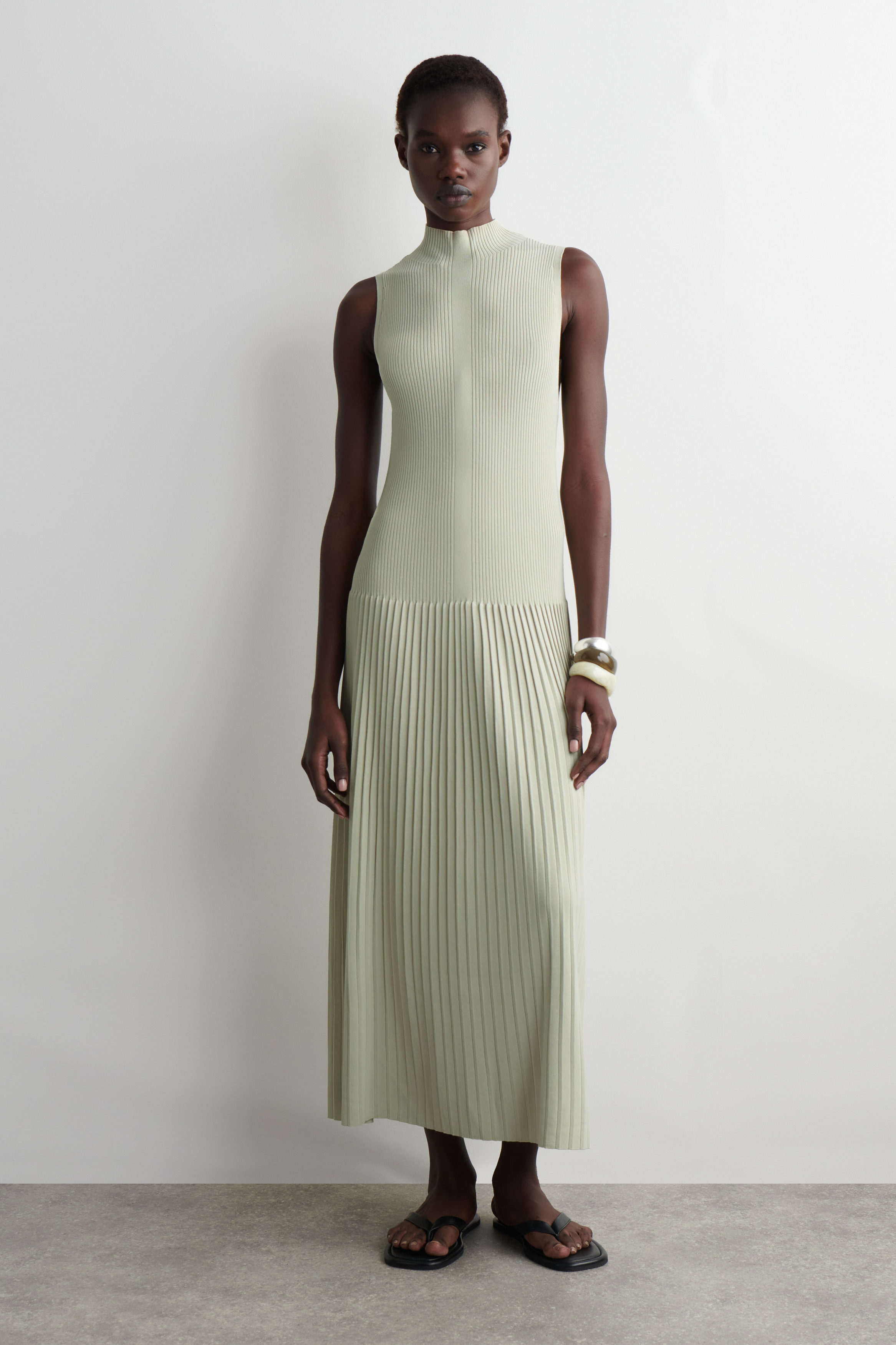 Pleated High-Neck Maxi Dress