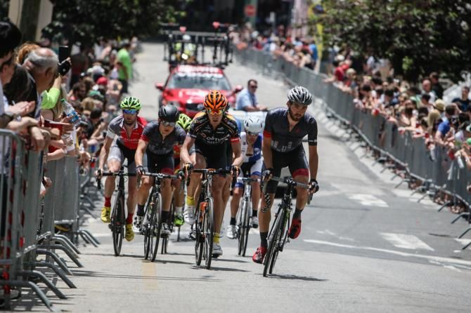 Joey Rosskopf (Hincapie) leads the break up the wall