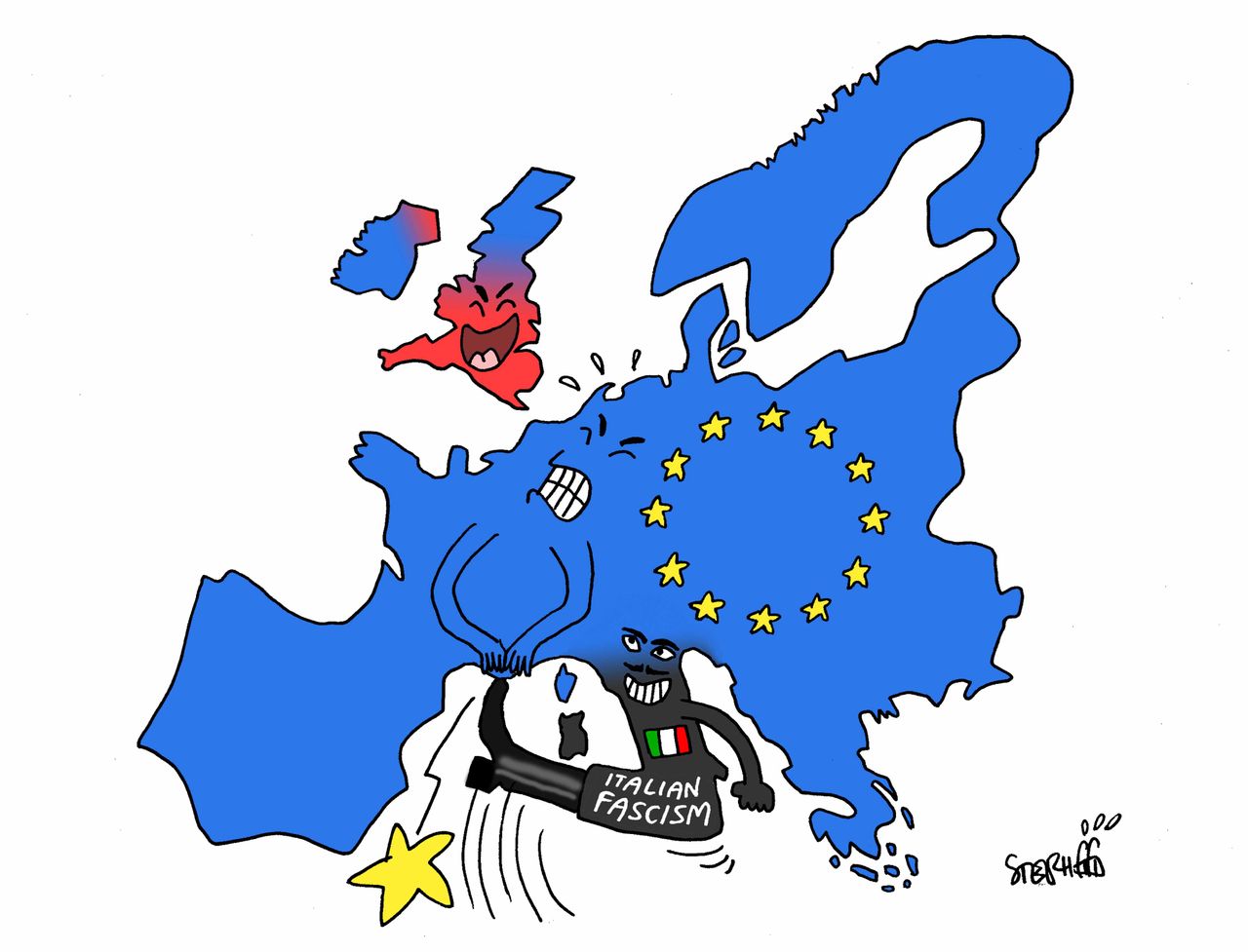 Political cartoon World EU Italy fascism Five Stars Movement European Union populism