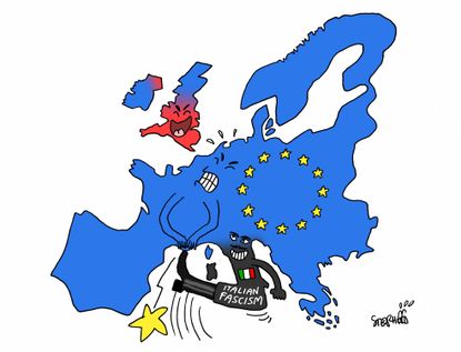 Political cartoon World EU Italy fascism Five Stars Movement European Union populism