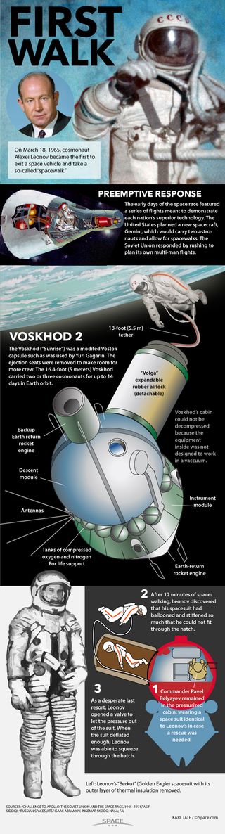 Cosmonaut Alexei Leonov made history on March 18, 1965 when he made the first spacewalk in history. See how that first spacewalk worked in our full infographic.