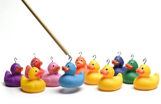 Hooking multi colored rubber ducks