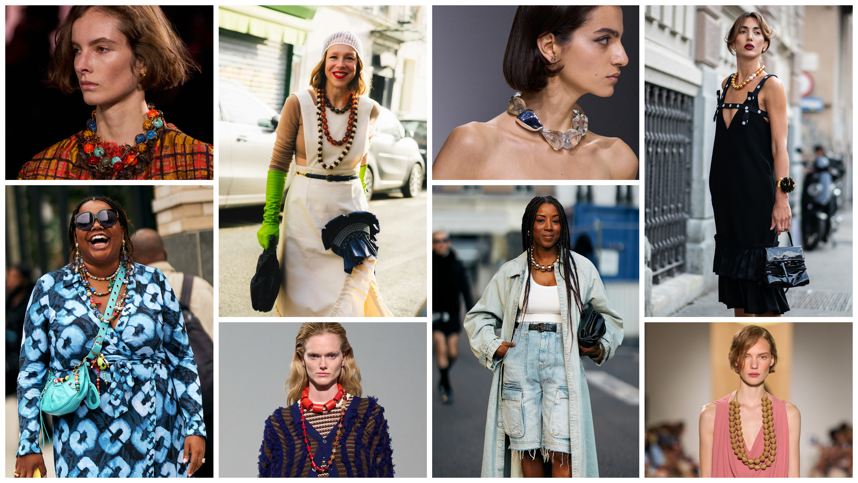 a collage of women at fashion week wearing colorful chunky beaded necklaces