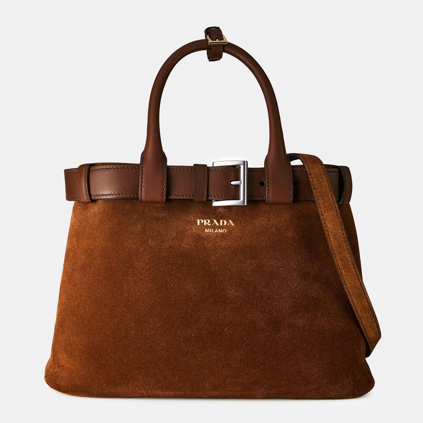 Prada Medium Belt Buckle Suede Bag With Belt