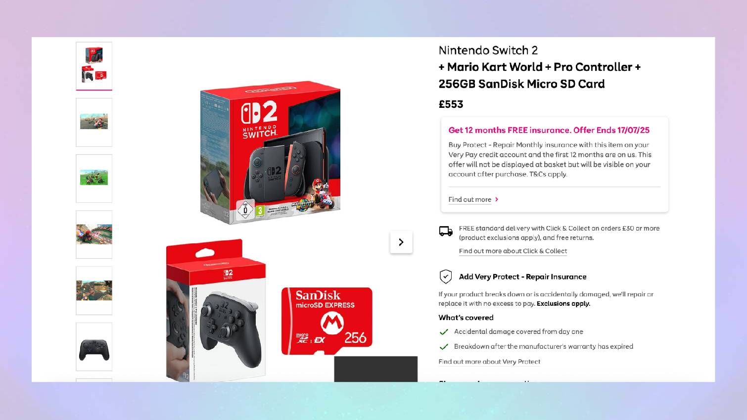 Screenshot of Switch 2 bundle listing page at Very on colored background