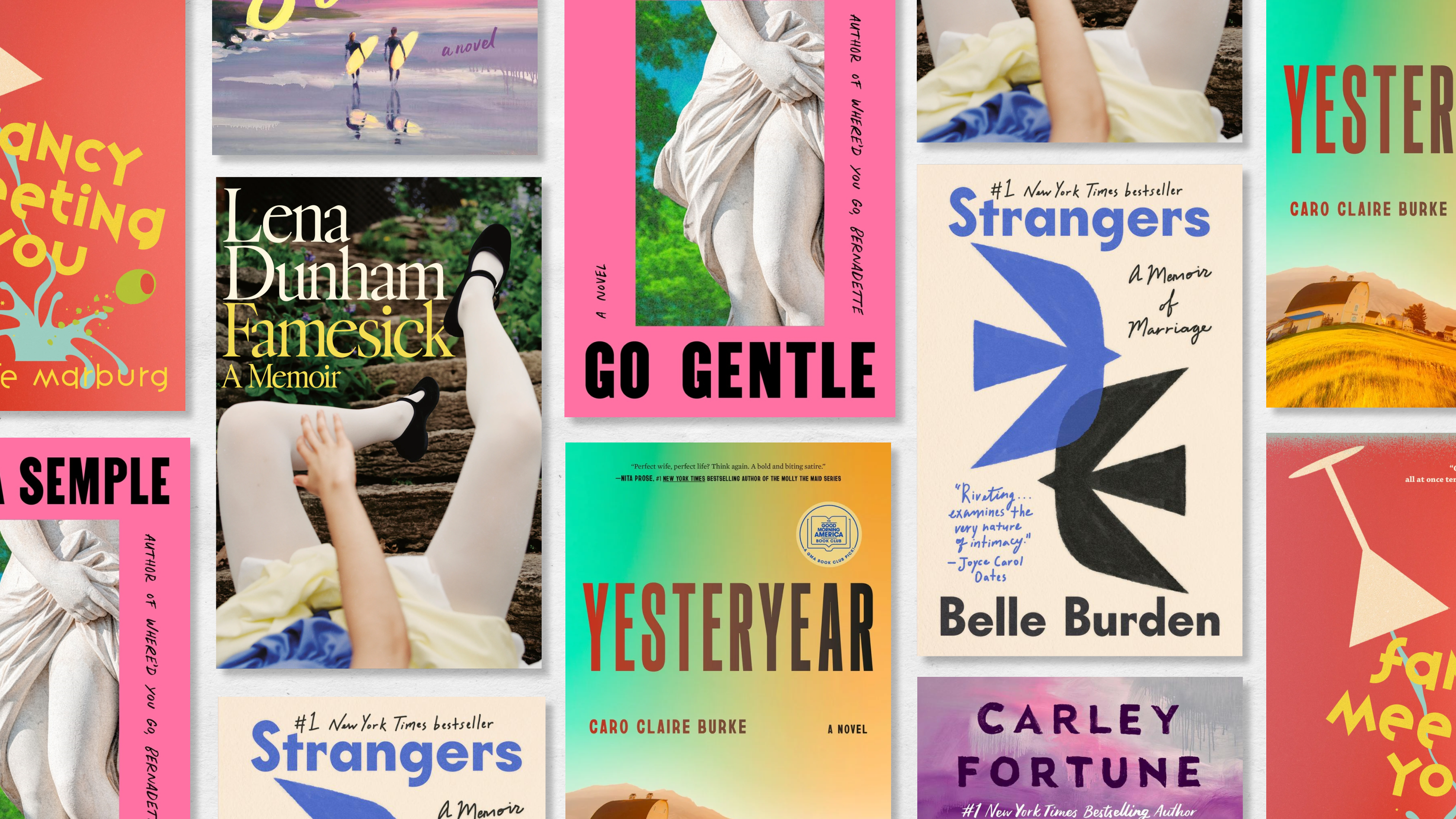 a collage of recent hit 2026 books worth reading over memorial day weekend including famesick yesteryear strangers and more
