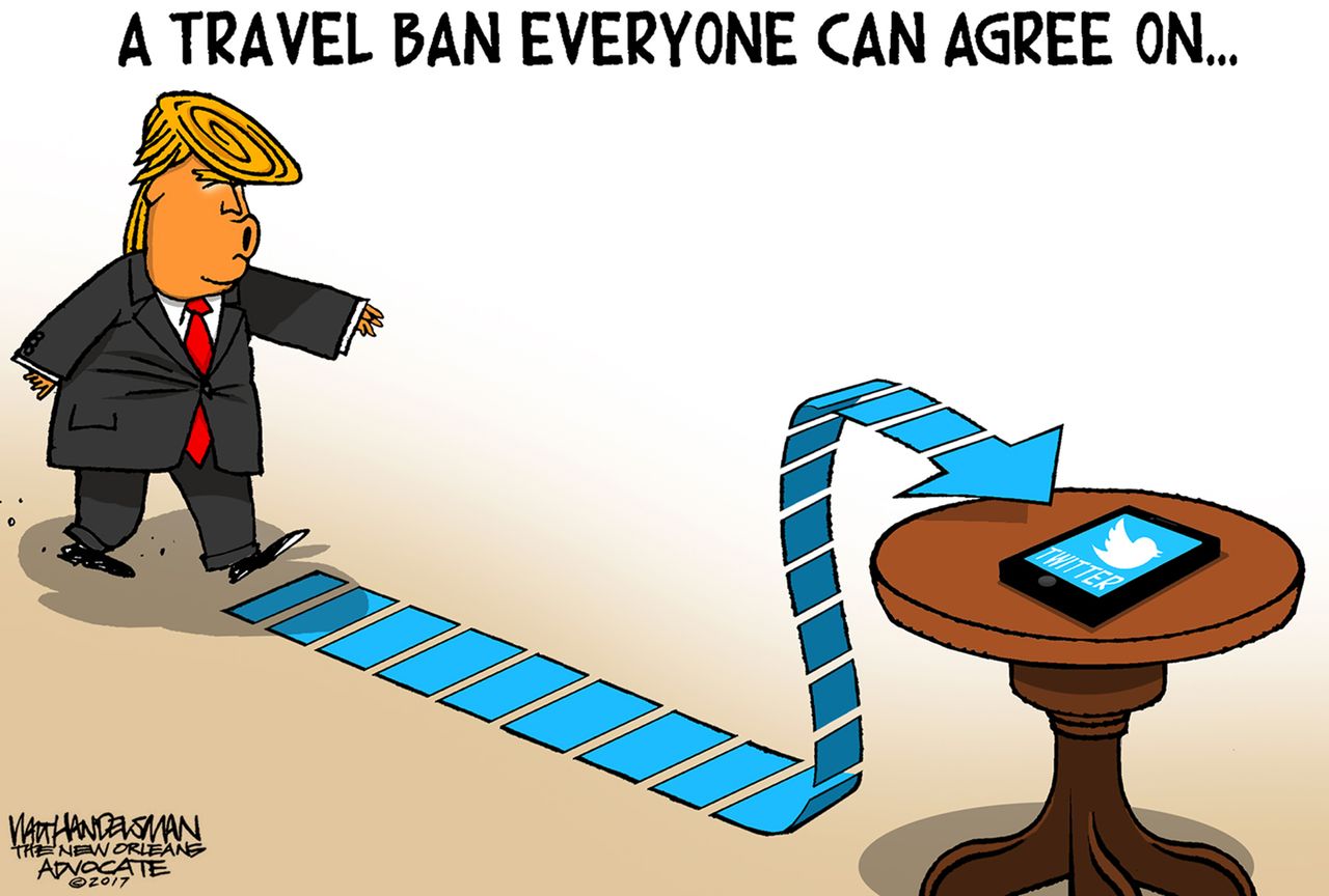 Political Cartoon U.S. Trump Twitter Travel Ban