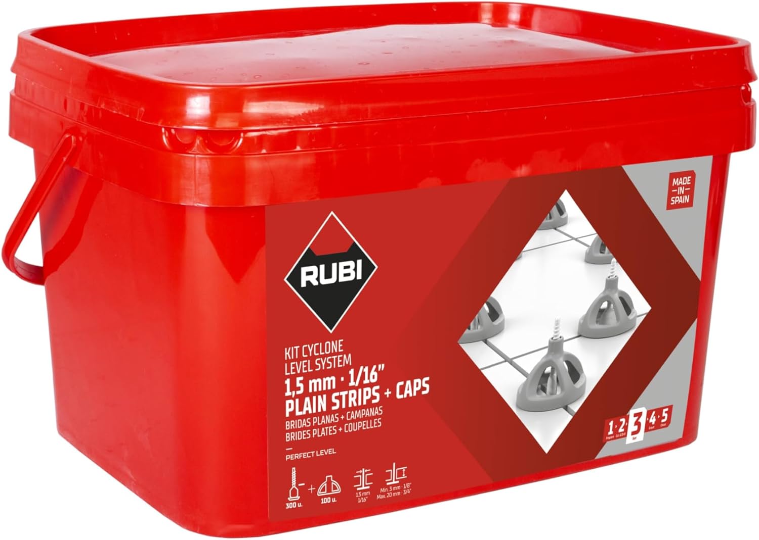 Rubi | Kit Cyclone Level System | Kit Consists of 300 Clips 1,5 Mm and 100 Reusable Caps | Tile Leveling System for Tile Formats From 30x30 Cm (12&amp;rdquo;x12&amp;rdquo;) or Bigger | Stone Tile
