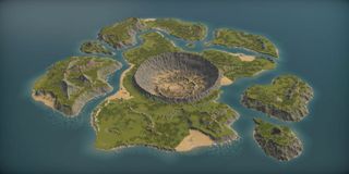 Captain of Industry Update 2, several large islands with a huge impact crater at the center, separated by deep channels