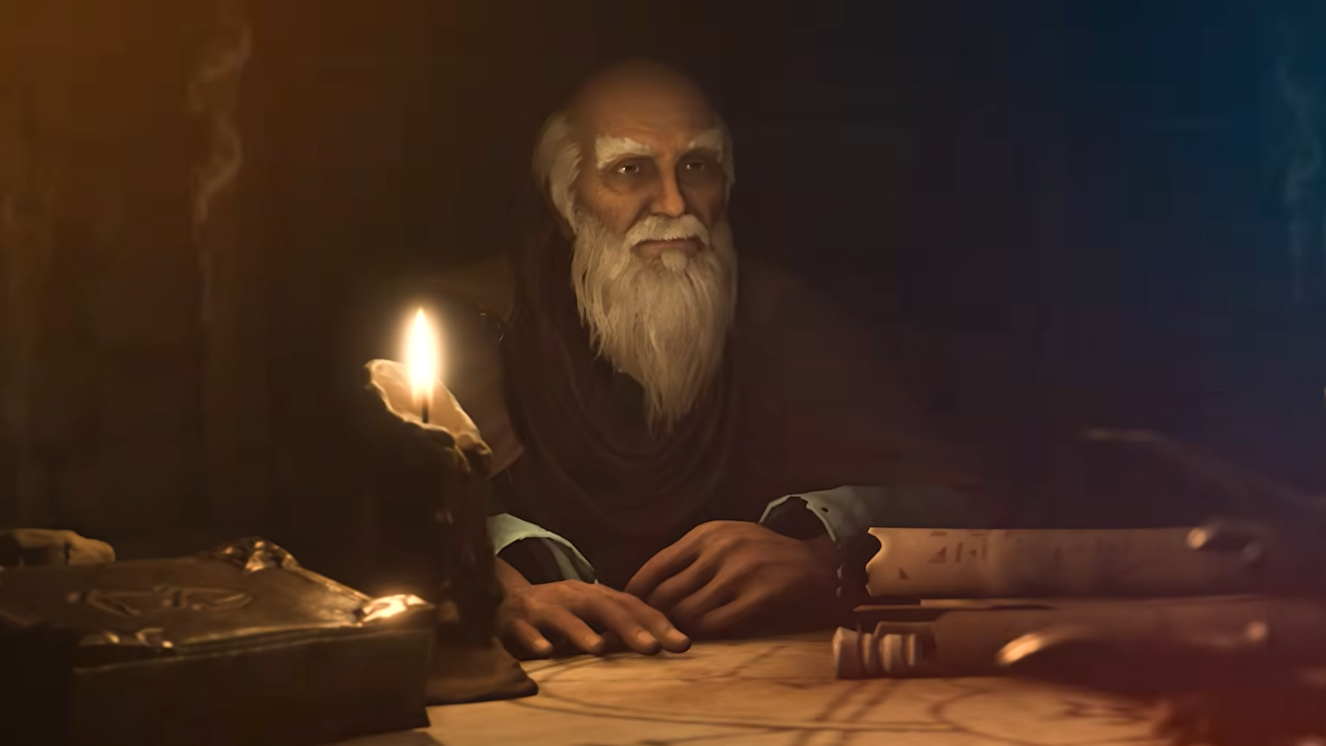 Grand high Diablo NPC Deckard Cain sitting near lit candle