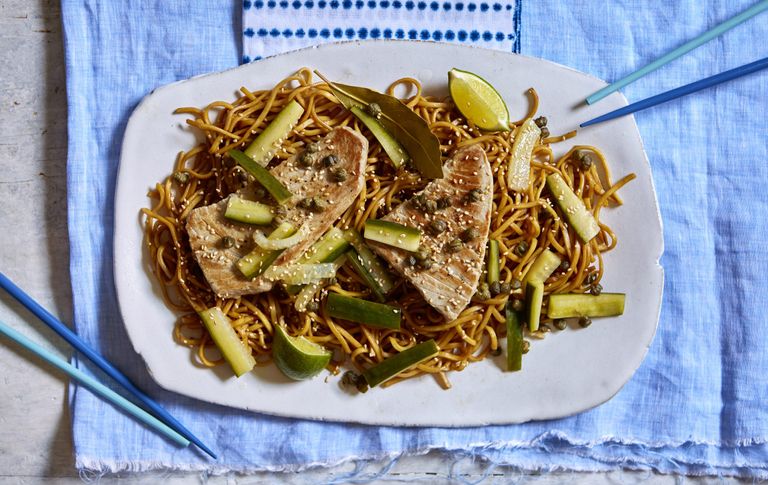 Tuna and noodles with crispy capers