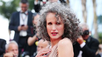 andie macdowell with curly gray hair
