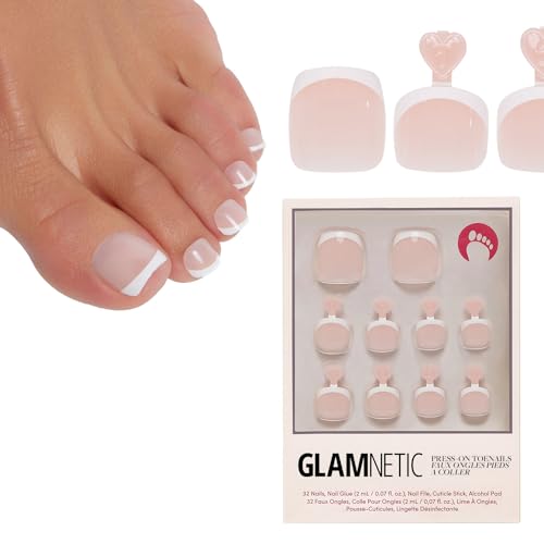 Glamnetic Press on Toenails - Madamn | Classic White French Tip Fake Toe Nails With a Glossy Finish | 16 Sizes - 32 Toe Nail Kit With Glue