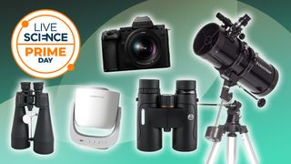 telescope, binoculars, camera and star projector on a green background