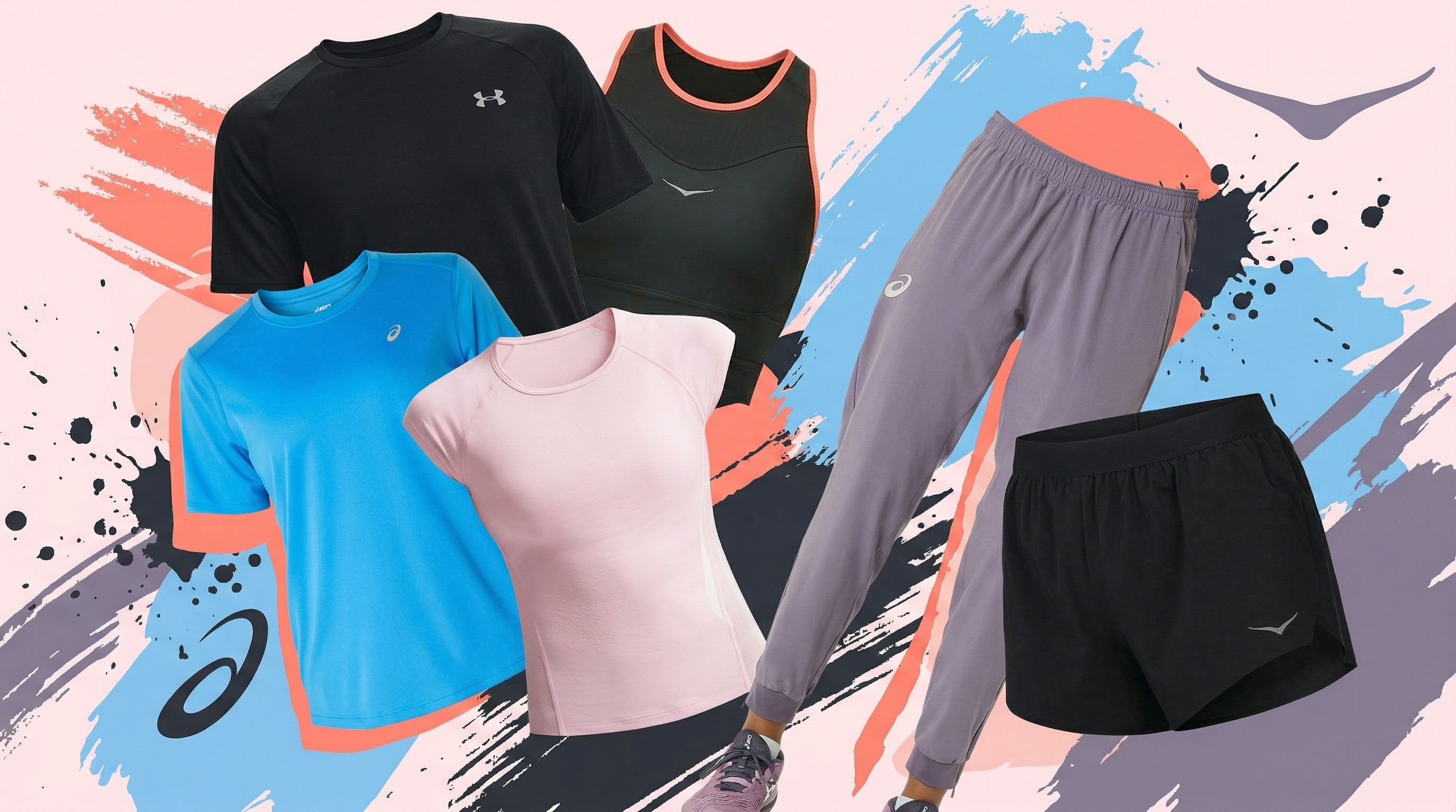 Running apparel from Under Armour, Asics, Nike, Hoka 