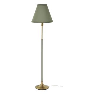 FLYGHÖJD Floor lamp, brass/green-gray