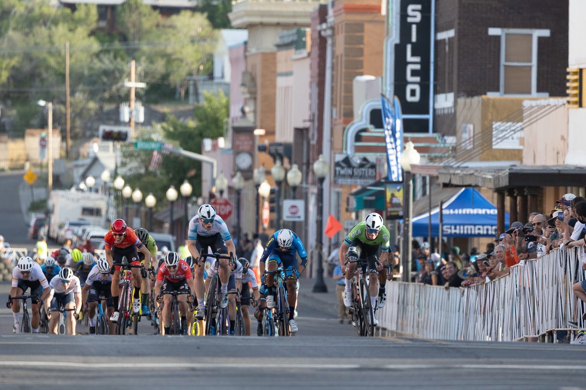 Stage 3 winner George Simpson (Project Echelon, left) put teammate Tyler Stites (Green jersey, right) just where he wanted to be as he opened up his sprint in the final 100m.