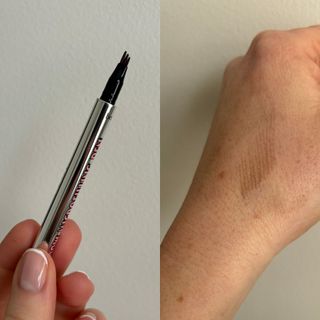 Laura holding and swatching Benefit Brow Microfilling Pen