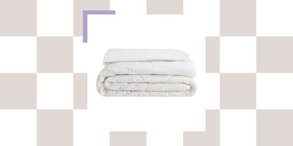 Cozy Earth Bamboo Viscose Comforter pictured against a grey checkered background