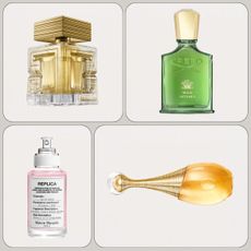 A collage of new in perfumes from Balmain, Creed, Maison Margiela and Dior