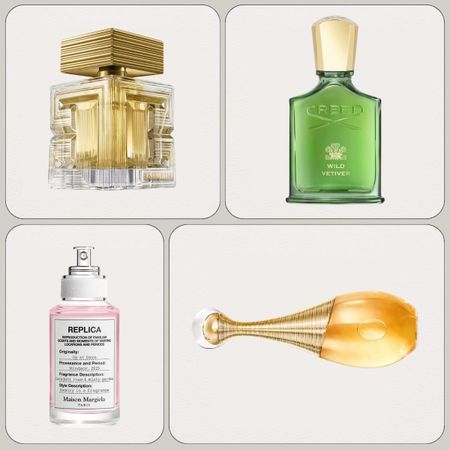 A collage of new in perfumes from Balmain, Creed, Maison Margiela and Dior