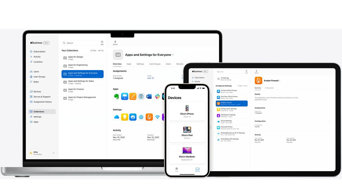 Image of Apple&amp;#039;s Business Essentials suite running on a range of devices including the latest MacBook Pro, iPhone, and iPad