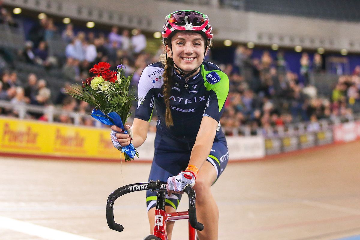 Matrix Fitness' Elinor Barker celebrates winning the Elimination race.