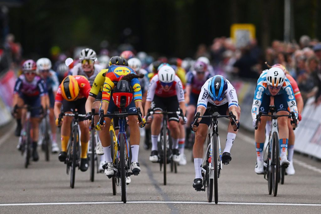 ASSEN NETHERLANDS OCTOBER 09 LR Elisa Balsamo of Italy and Team Lidl Trek and Lorena Wiebes of The Netherlands and Team SD Worx Protime sprint at finish line to win the stage during the 26th Simac Ladies Tour 2024 Stage 2 a 1548km stage from Coevorden to Assen on October 09 2024 in Assen Netherlands Photo by Luc ClaessenGetty Images