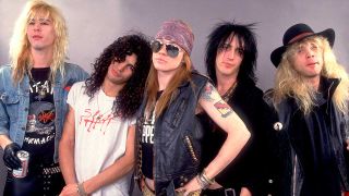 Guns And Roses (Duff McCagan, Slash, Axl Rose, Izzy Stradlin, Steven Adler) at the UIC Pavillion in Chicago, Illinois, August 21, 1987
