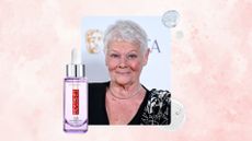 Image of Judi Dench smiling with grey pixie cut and wearing a black V-neck dress, on a pink watercolour background with L'Oreal's Revitalift Serum and swatches