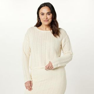 The Drop Women's Makayla Crochet Drop Shoulder Cropped Pullover, Birch, S