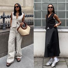 a collage of what to wear in 80-degree weather with one woman's outfit featuring a tan linen suit with brown sandals on the left and another woman's outfit on the right with a black vest styled with a black maxi slip skirt and sneakers