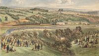 A drawing showing people waiting on a hill overlooking a railway line.