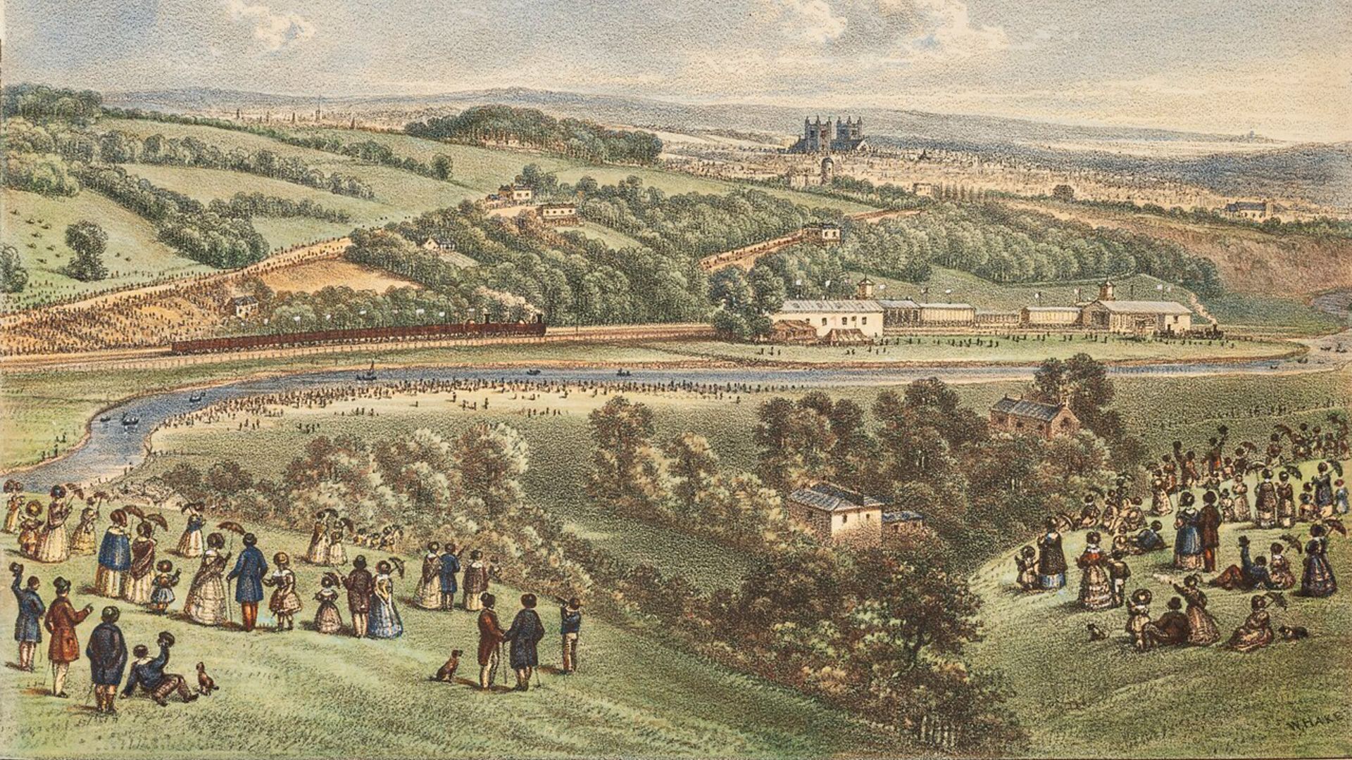 A drawing showing people waiting on a hill overlooking a railway line.