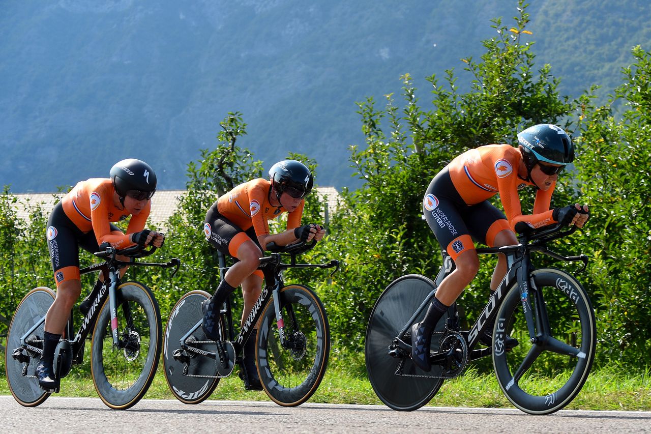 The Netherlands' Floortje Mackaij, Amy Pieters and Demi Vollering in the Team Relay
