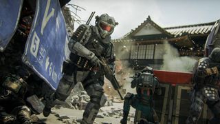 A Call of Duty: Black Ops 7 promotional screenshot showing high-tech soldier running through a ruined street in Japan.
