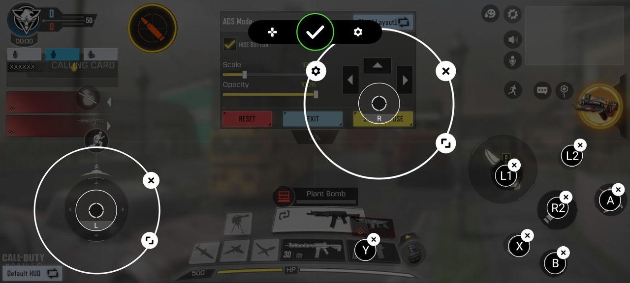 Screenshot of virtual controls being configured in Call of Duty Mobile on the Razer Edge.