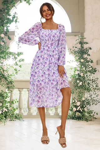FS Collection Floral Print Long Sleeve Maxi Dress In Purple