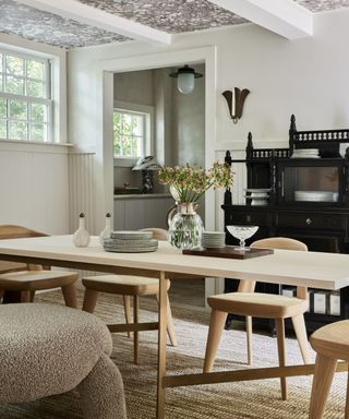 Wooden long dining table and chairs, black cabinet