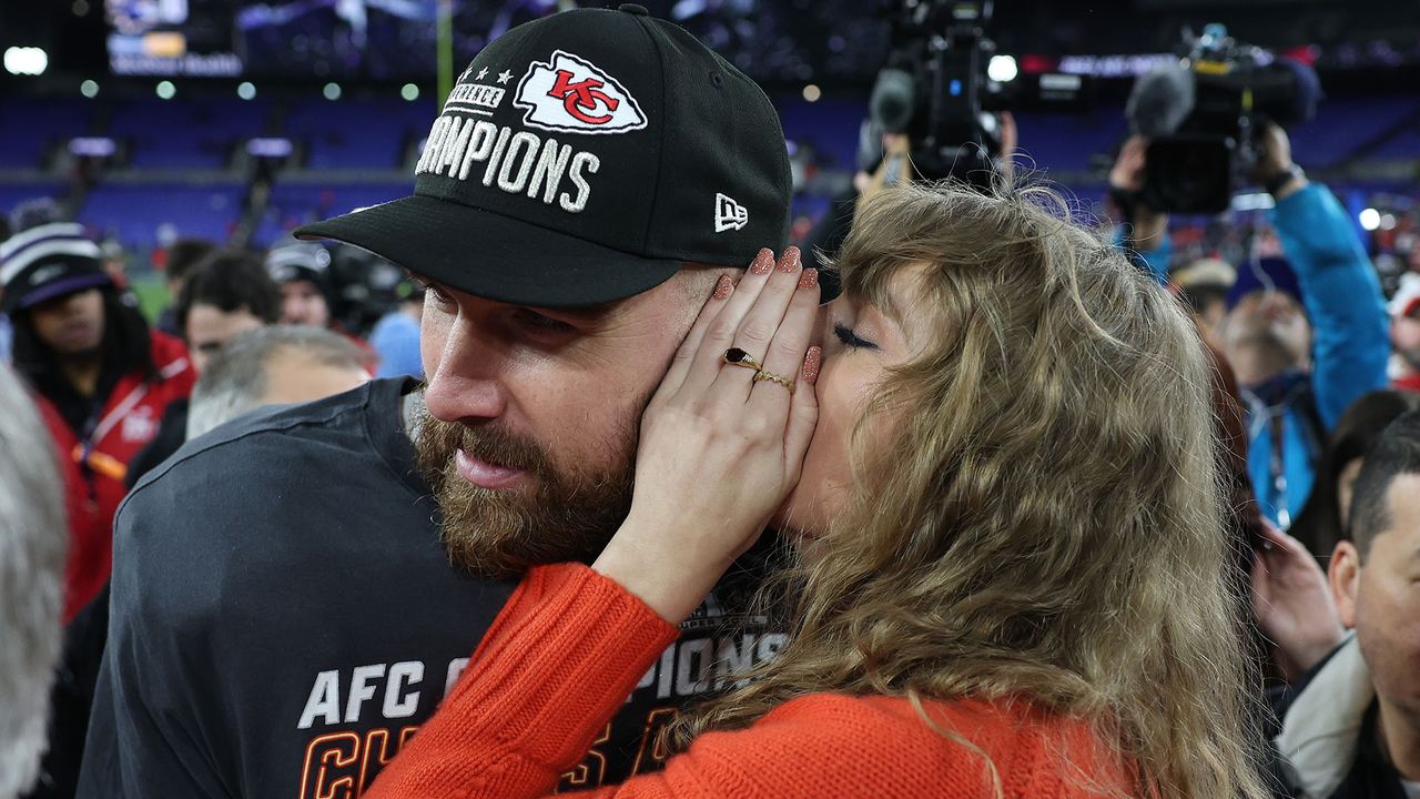 Travis Kelce and Taylor Swift celebrating the Kansas City Chiefs&#039; win at the AFC Championship game in 2024.