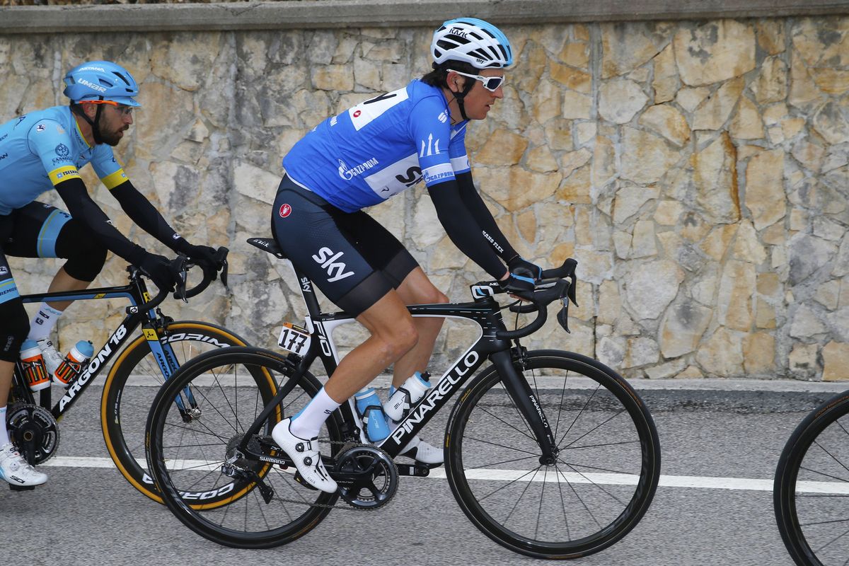 Geraint Thomas in the leader's blue jersey