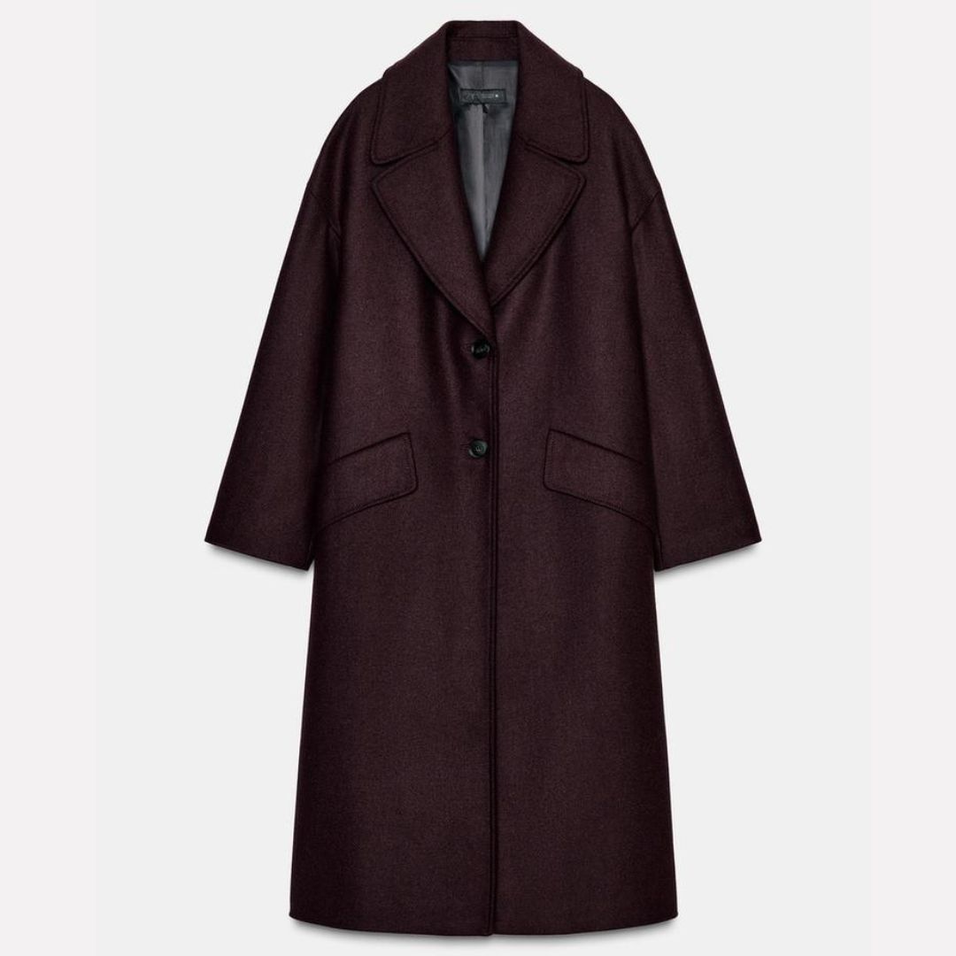 Zara Burgundy Oversized Coat With Wool