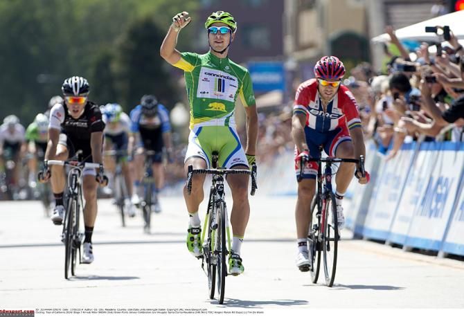 Peter Sagan (Cannondale) raises an arm in victory at the Tour of California