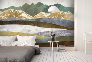 intricately detailed green, gold and blue wall mural in bedroom by wallsauce