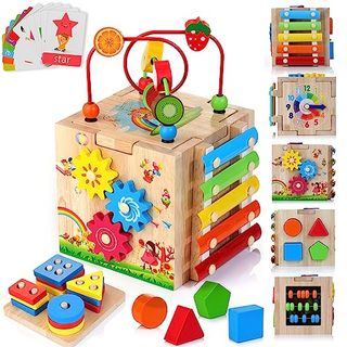 Hellowood Wooden Activity Cube Baby Toys, 8-In-1 Montessori Educational Toy Set, Bead Maze Shape Sorter Abacus Xylophone Words & Clock Learning, Stem Toys for Boys Girls Toddlers Age 1 2 3