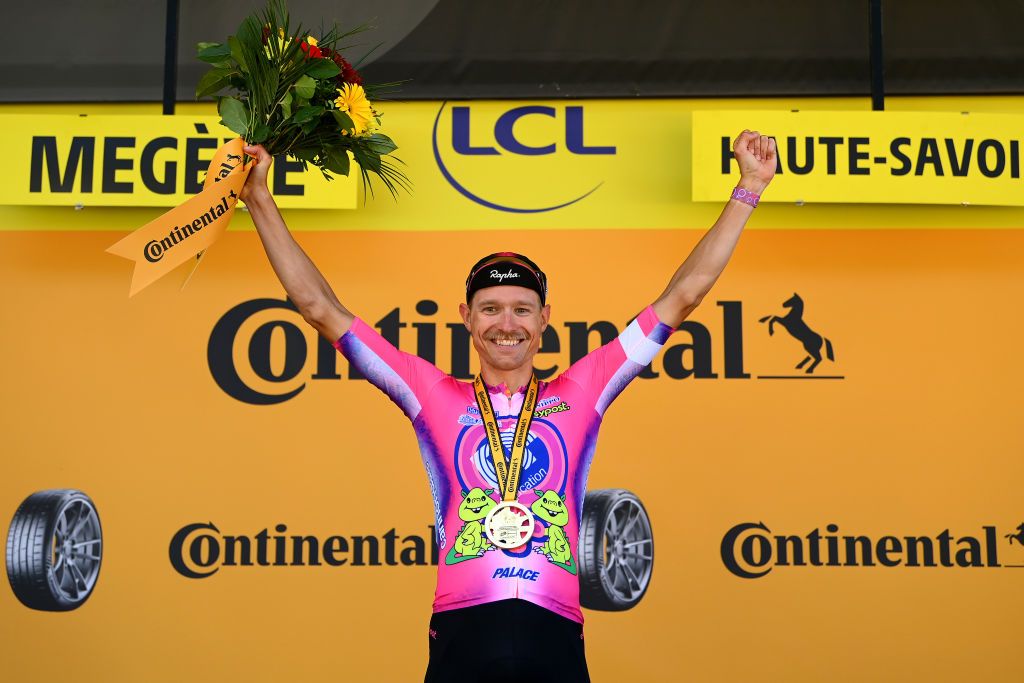 MEGEVE FRANCE JULY 12 Magnus Cort Nielsen of Denmark and Team EF Education Easypost celebrates at podium as stage winner during the 109th Tour de France 2022 Stage 10 a 1481km stage from Morzine to Megve 1435m TDF2022 WorldTour on July 12 2022 in Megeve France Photo by Tim de WaeleGetty Images