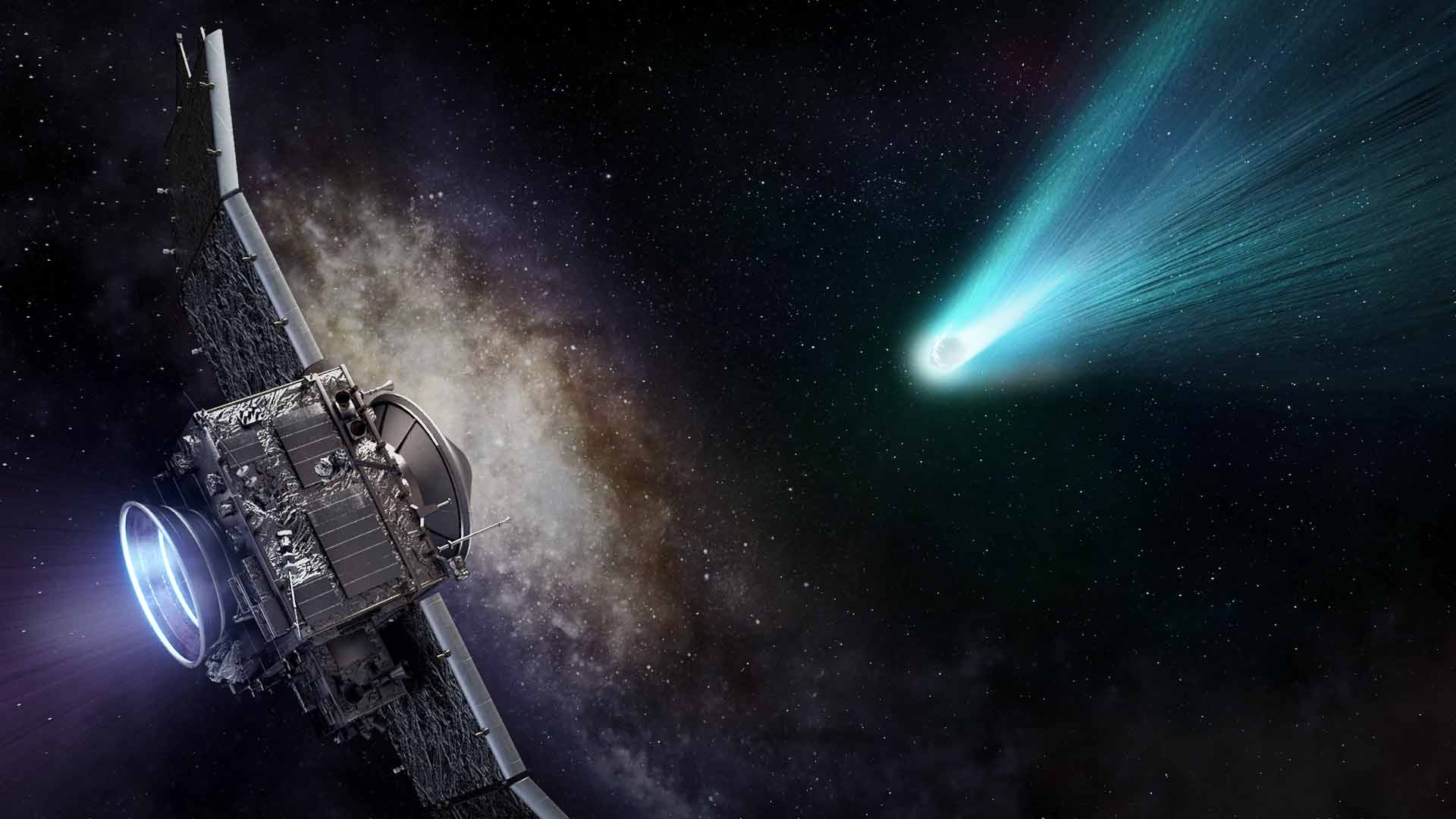 illustration of spacecraft nearing a green comet