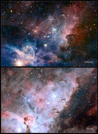 This picture of the Carina Nebula, a region of massive star formation in the southern skies, compares the view in visible light with a new picture taken in infrared light. It was released Feb. 8, 2012.