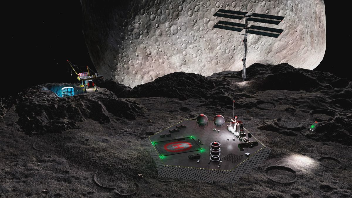 An artist&#039;s conception of a mining settlement on the double asteroid 90 Antiope, located in the main asteroid belt between the orbits of Mars and Jupiter.